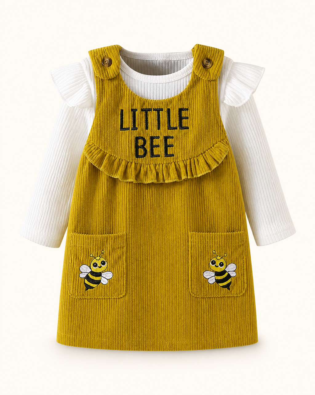 Baby Little Bee Corduroy Dress, Bodysuit & Bow Headband Set