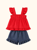 Baby Strawberry Crochet-Trim Top & Denim Ruffle Shorts Set