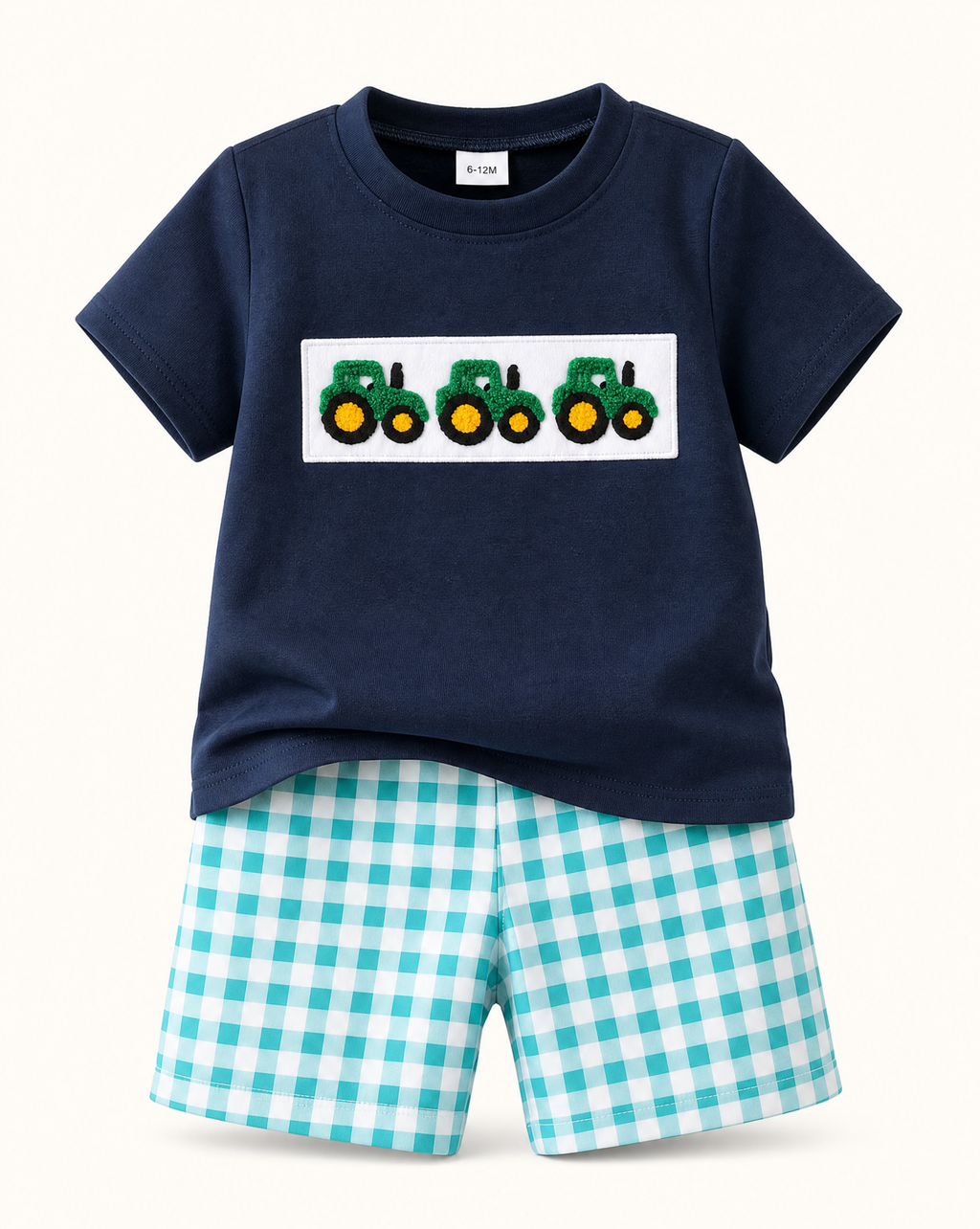Baby Blue Tractor Appliqué T-Shirt & Gingham Shorts Set