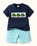 Baby Blue Tractor Appliqué T-Shirt & Gingham Shorts Set