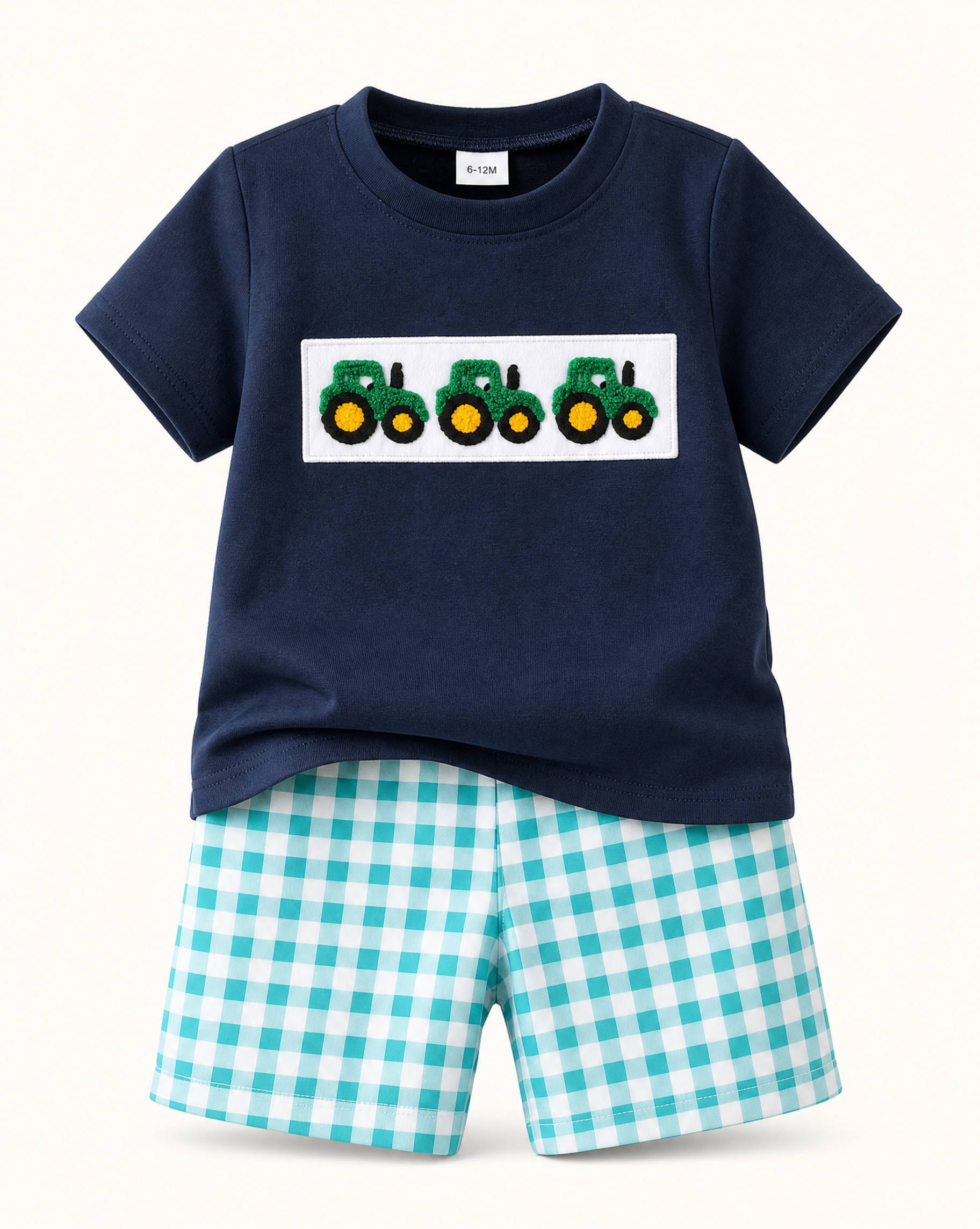 Baby Blue Tractor Appliqué T-Shirt & Gingham Shorts Set