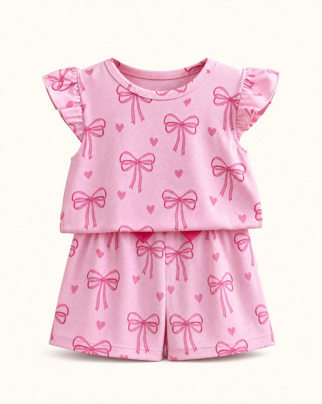 Baby  Pink Bow Print Ruffle Sleeve Top & Shorts Set