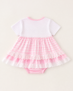 Pink gingham ABC embroidered dress and bloomer set with eyelet trim, back product view