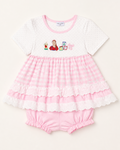 Pink gingham baby and toddler dress and bloomer set with ABC embroidery, front product view