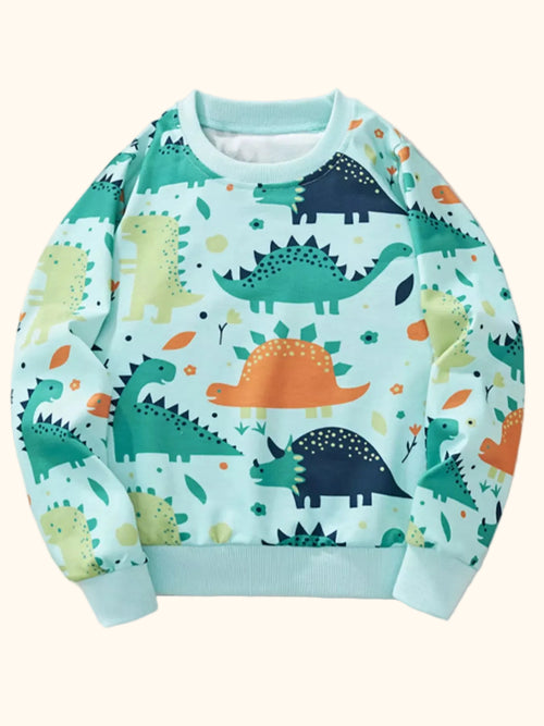 Turquoise kids dinosaur print crew neck sweatshirt with multicolor allover design, front product view