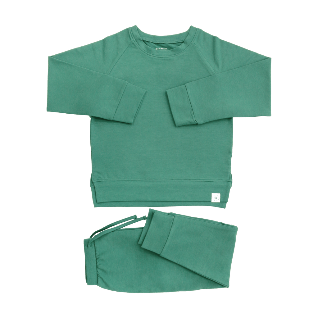 Alpine green kids crew neck sweatshirt and jogger pants set, flat lay front view