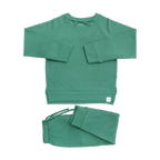 Alpine green kids crew neck sweatshirt and jogger pants set, flat lay front view