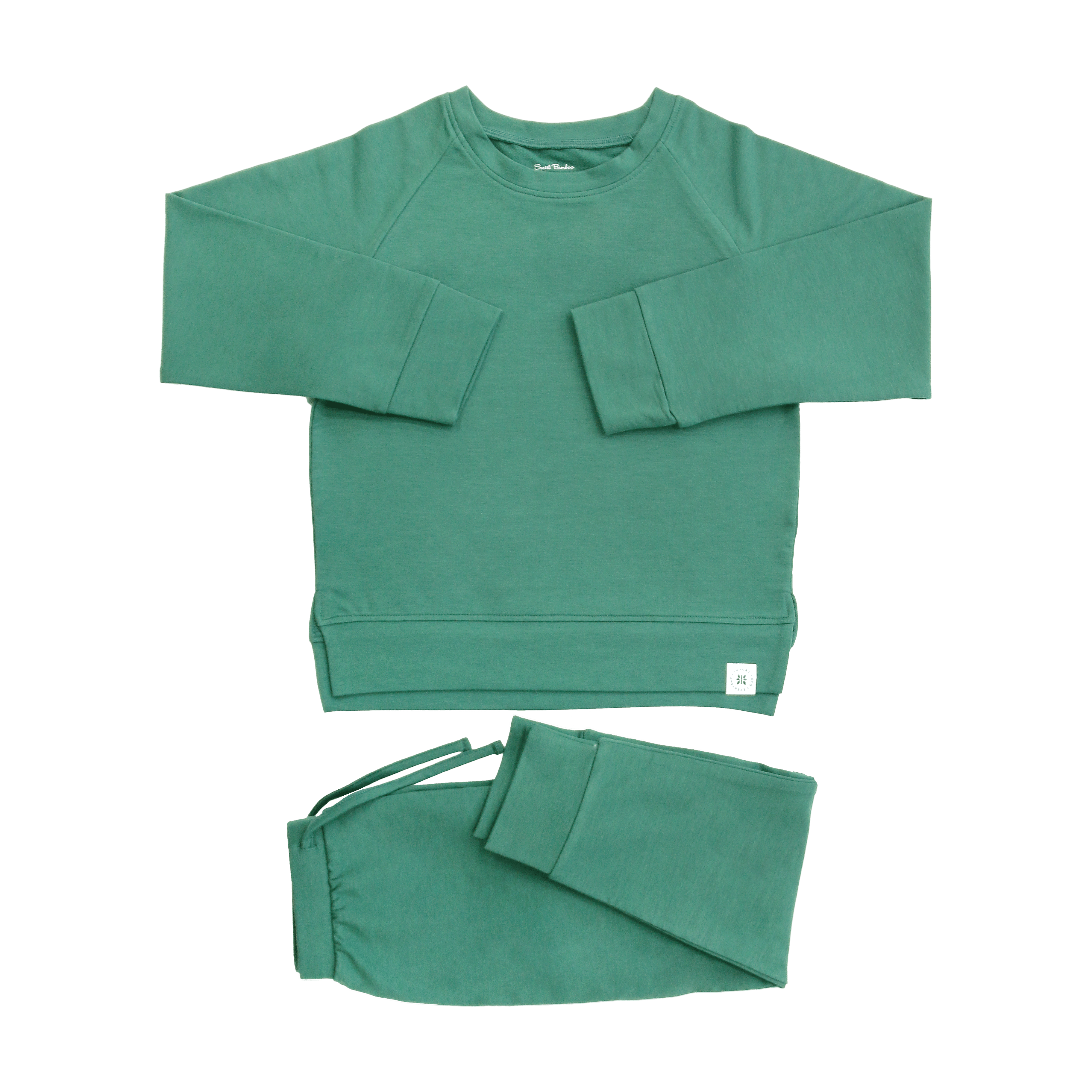 Alpine green kids crew neck sweatshirt and jogger pants set, flat lay front view