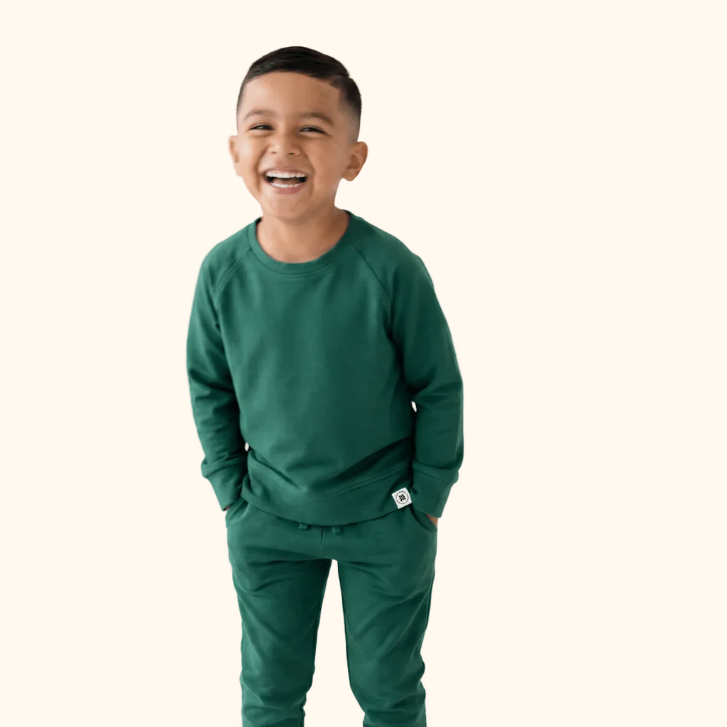 Alpine green kids crew neck jogger set with drawstring pants, modeled front view