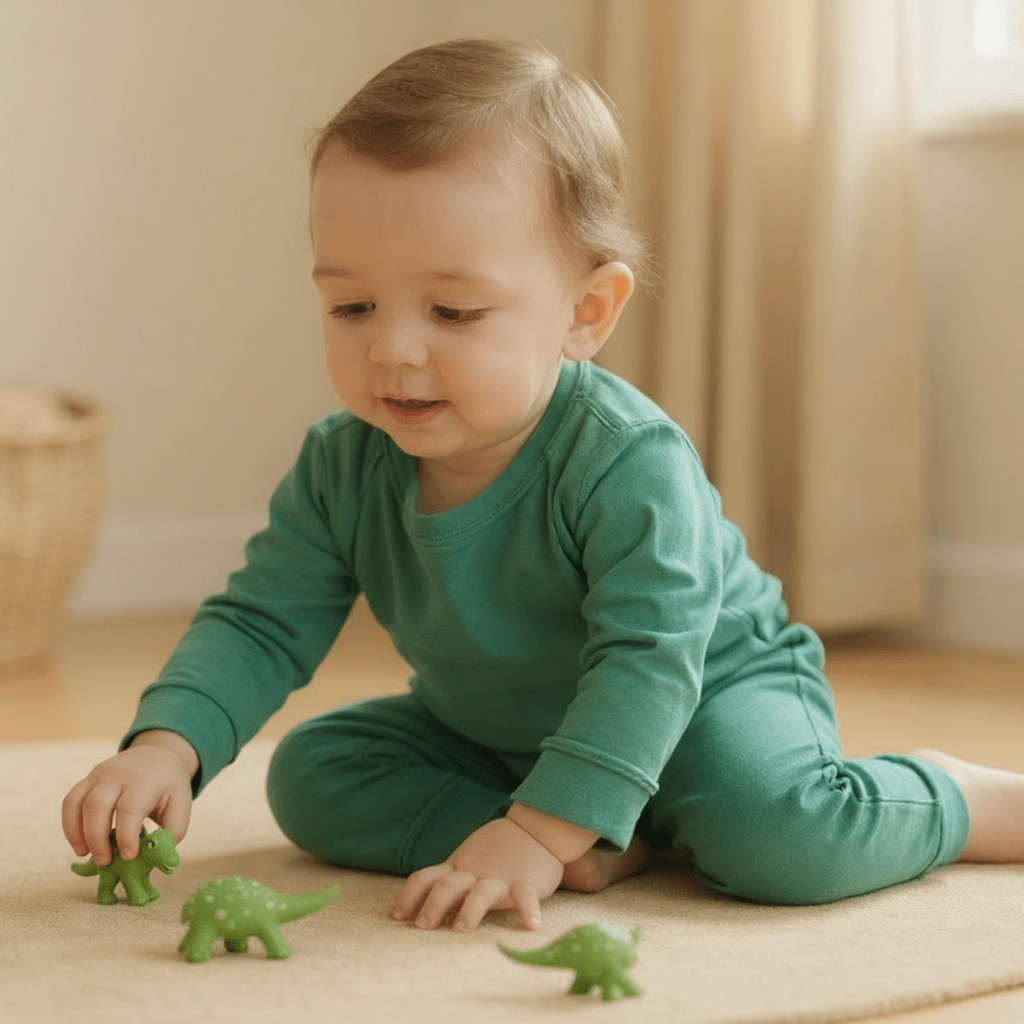Alpine green baby crew neck jogger set with cuffed pants, modeled play view