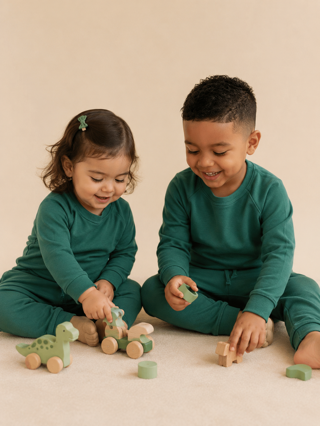 Alpine green baby and kids crew neck jogger sets, two children playing front view