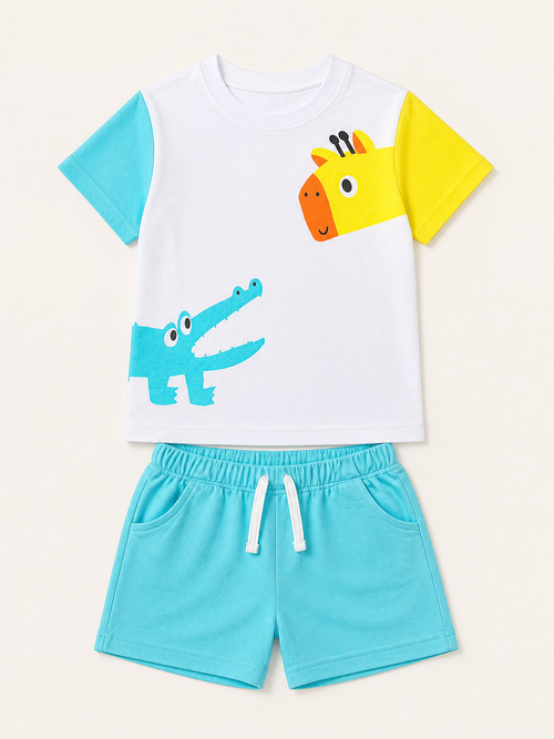 Blue kids animal graphic tee and shorts set with giraffe and crocodile, front product view