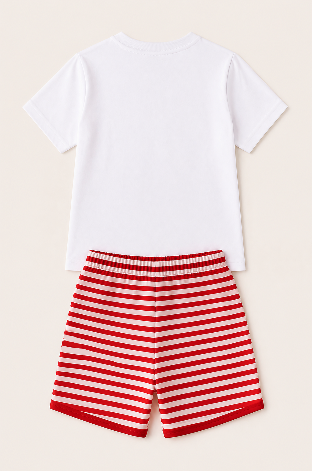White short-sleeve kids T-shirt and red striped shorts set, back product view