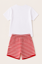 White short-sleeve kids T-shirt and red striped shorts set, back product view