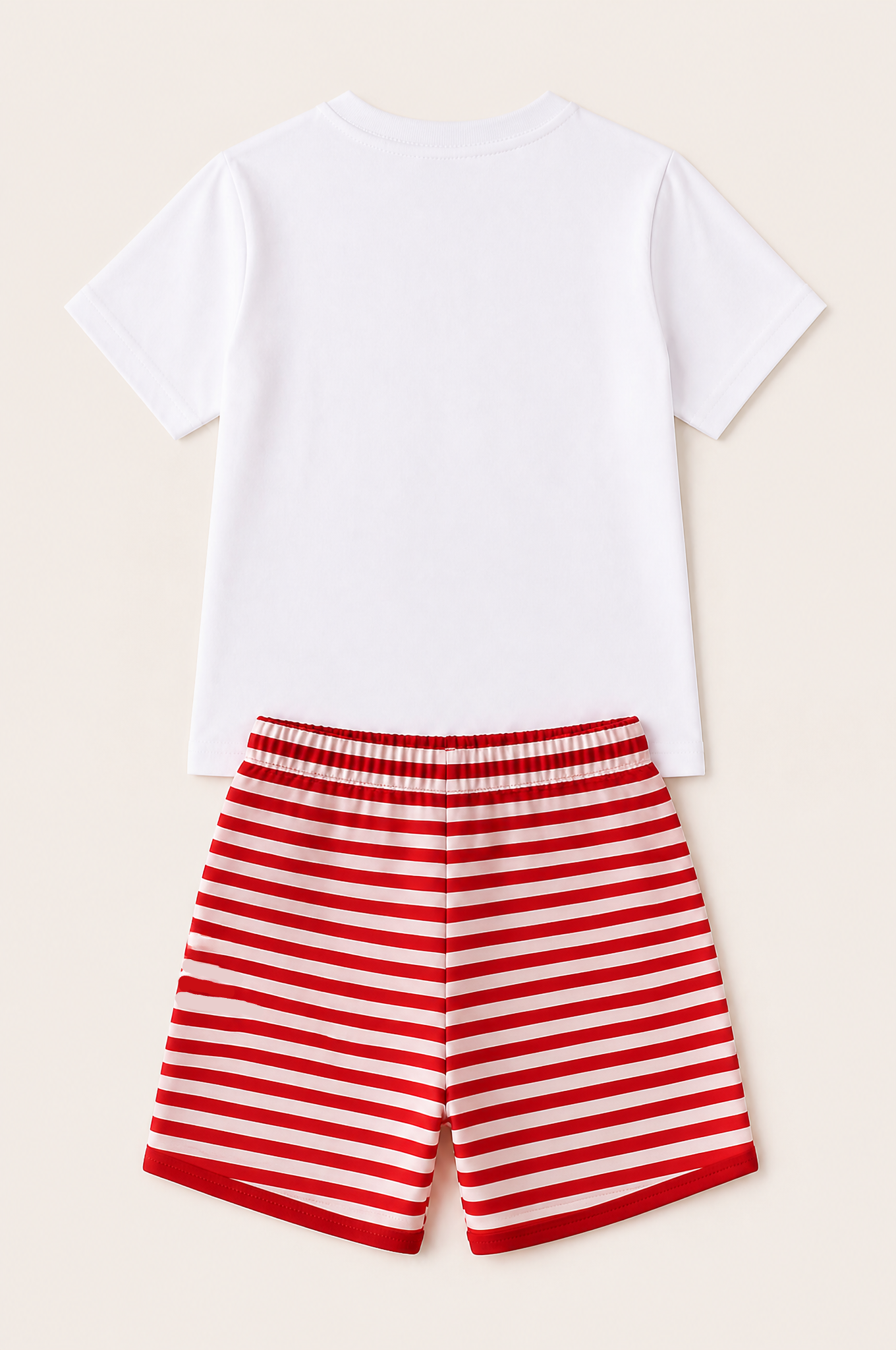 White short-sleeve kids T-shirt and red striped shorts set, back product view