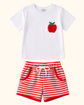 White kids T-shirt with red apple embroidery and red striped shorts, front product view