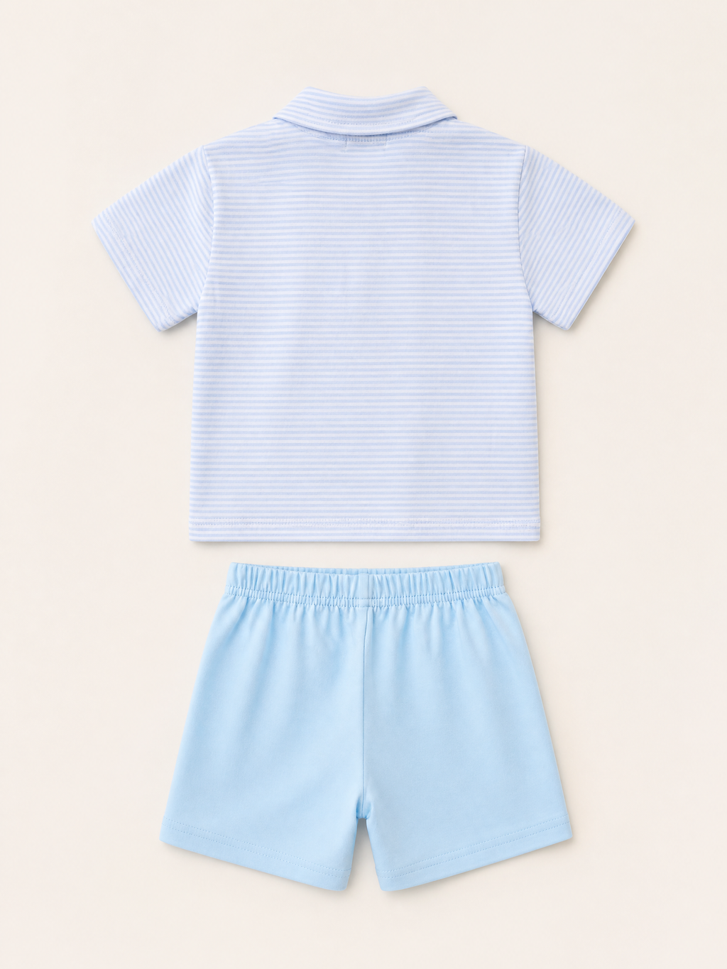 Blue striped kids polo and solid blue shorts set, back product view