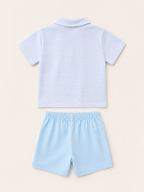 Blue striped kids polo and solid blue shorts set, back product view