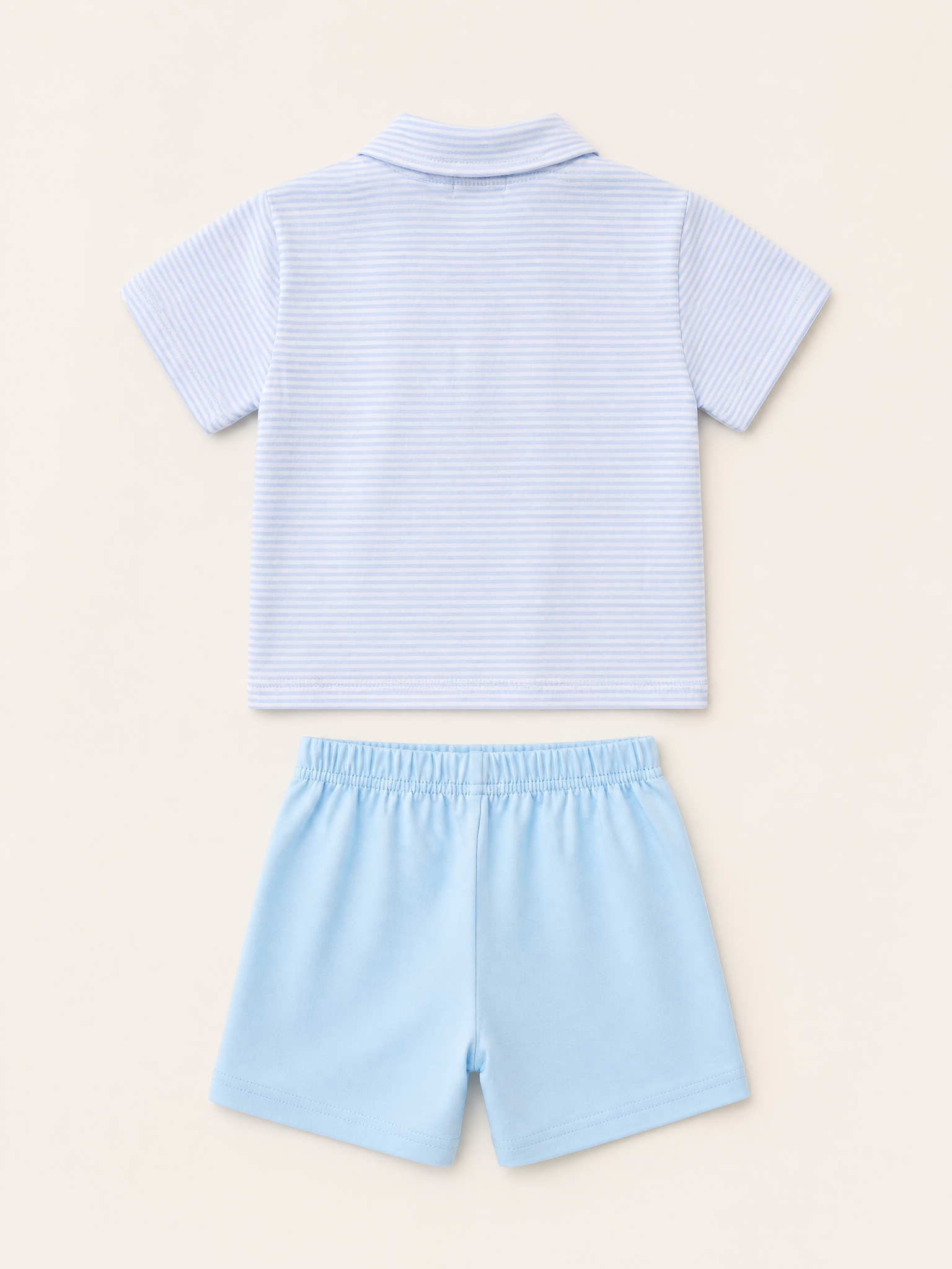 Blue striped kids polo and solid blue shorts set, back product view