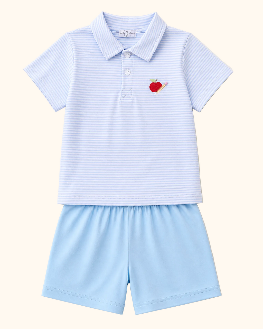 Blue striped kids polo with apple and pencil embroidery and solid blue shorts, front product view