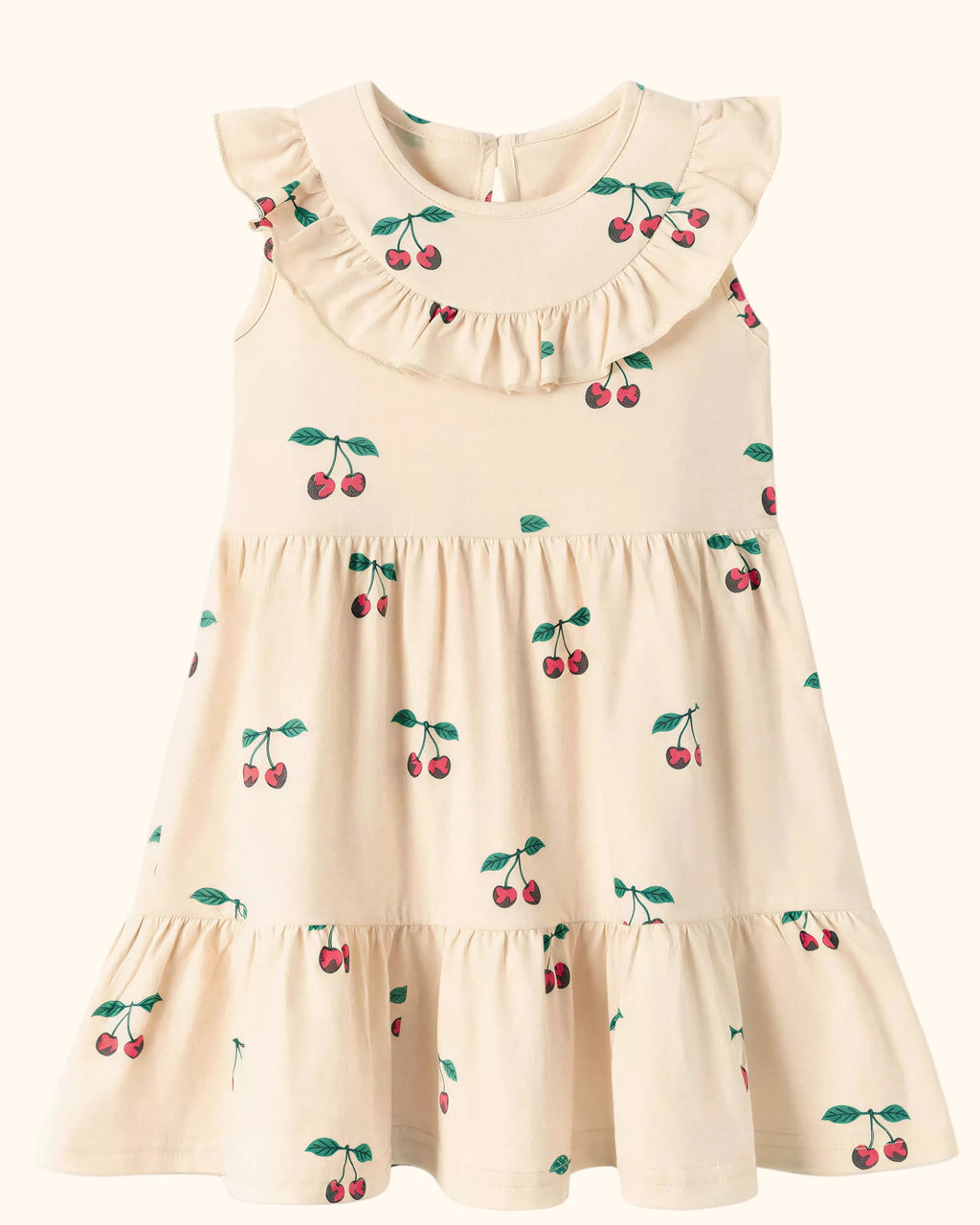Apricot kids cherry print ruffle tiered dress with gathered skirt, front product view
