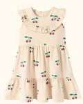 Apricot kids cherry print ruffle tiered dress with gathered skirt, front product view