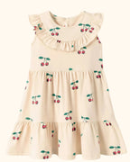 Apricot kids cherry print ruffle tiered dress with gathered skirt, front product view