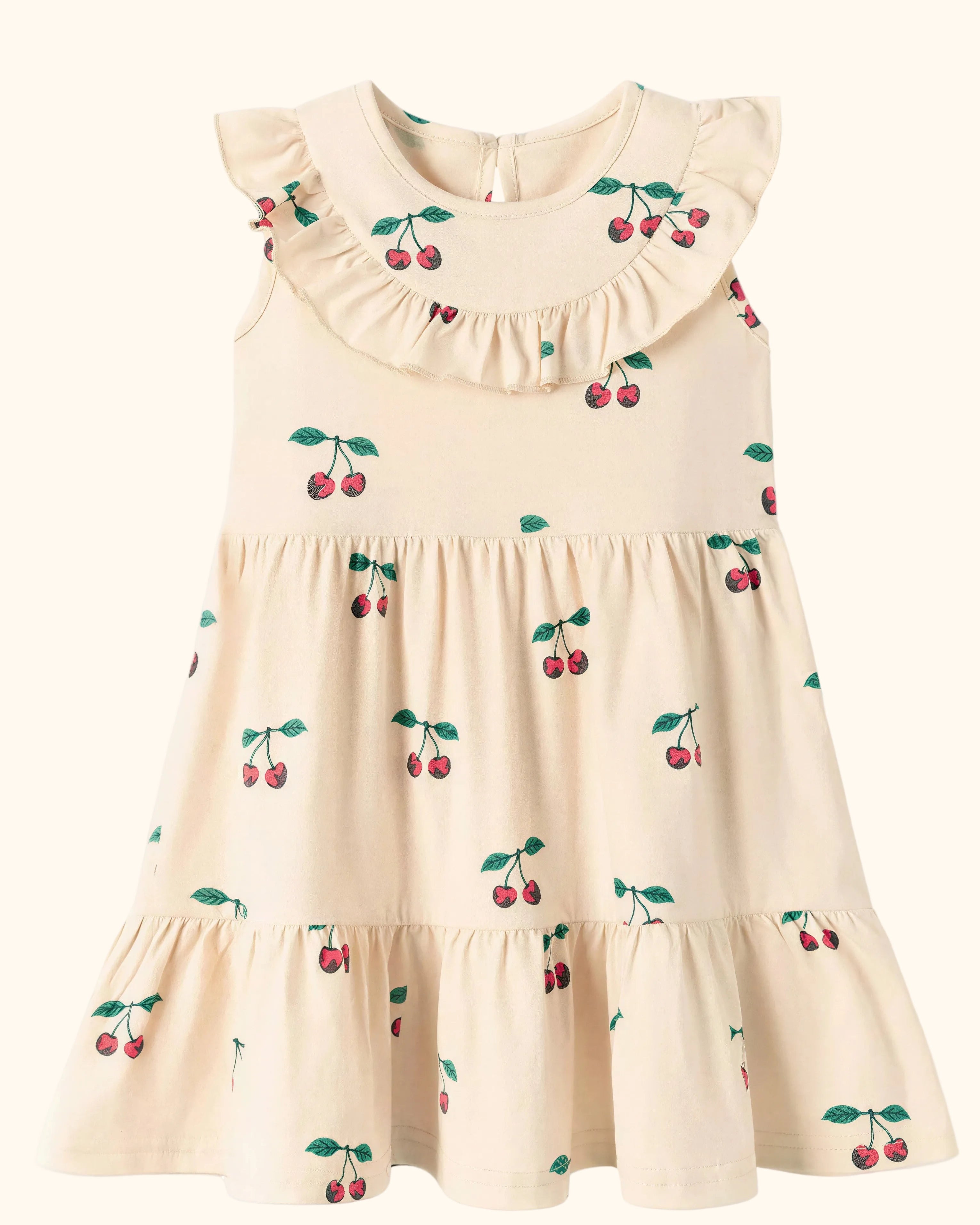 Apricot kids cherry print ruffle tiered dress with gathered skirt, front product view