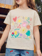 Apricot kids heart and flower graphic T-shirt worn by child, front lifestyle view