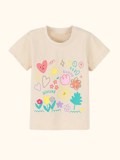 Apricot kids heart and flower graphic T-shirt with colorful botanical artwork, front product view