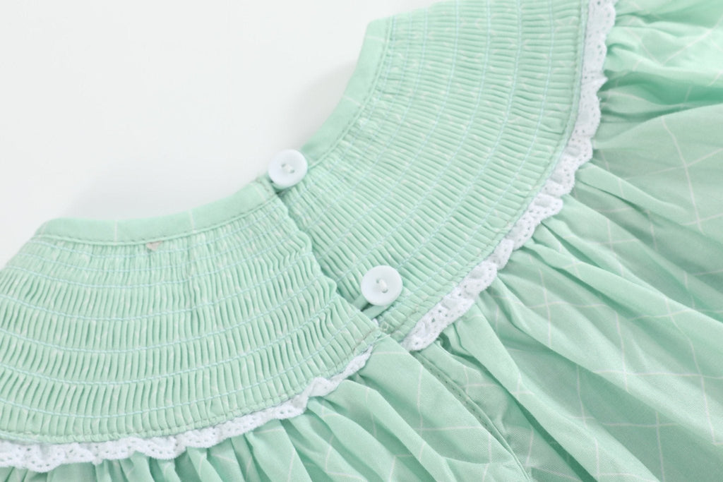 Aqua kids smocked bishop dress with two white back buttons and lace-edged yoke, back close-up