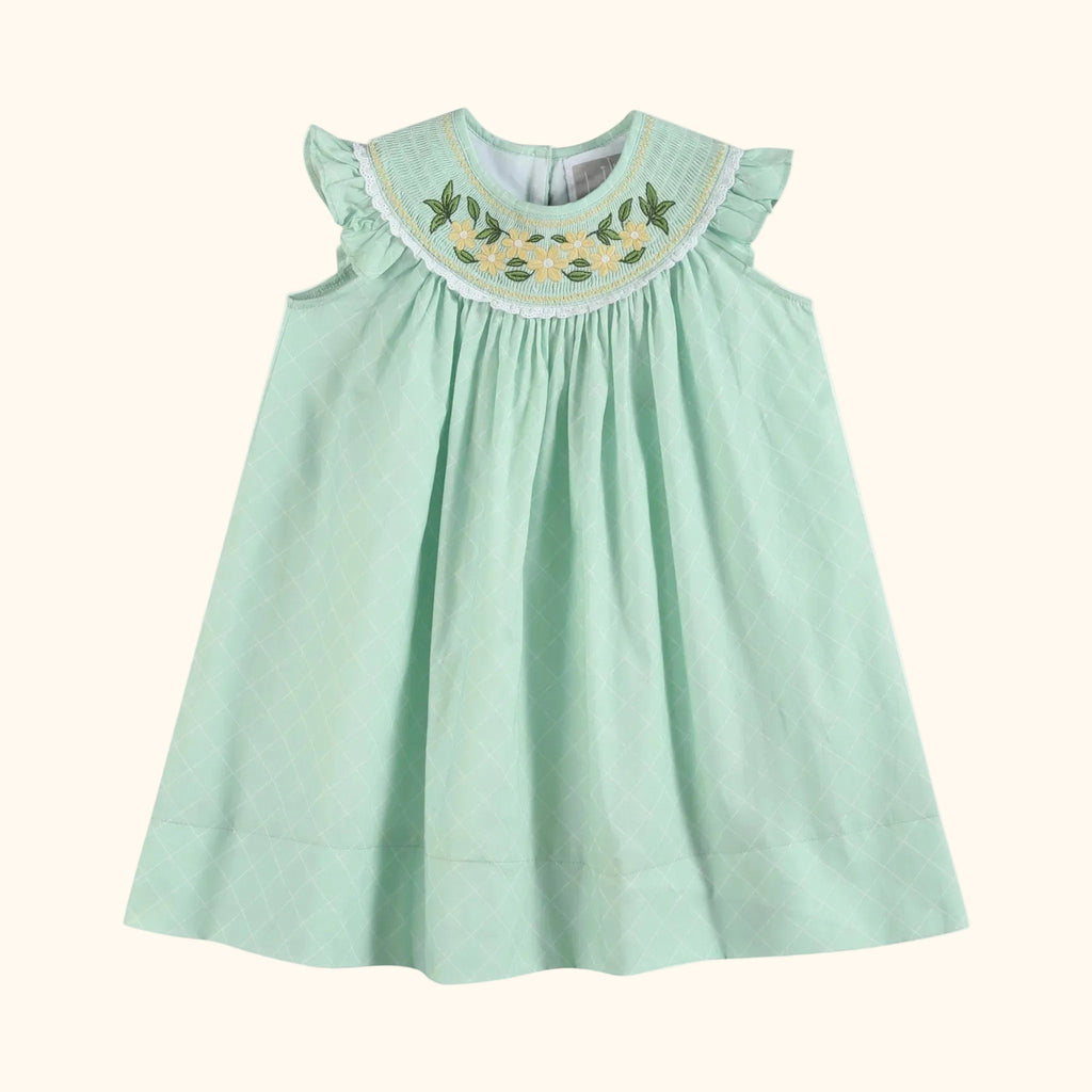Aqua kids smocked bishop dress with embroidered yellow daisies and ruffle sleeves, front product view