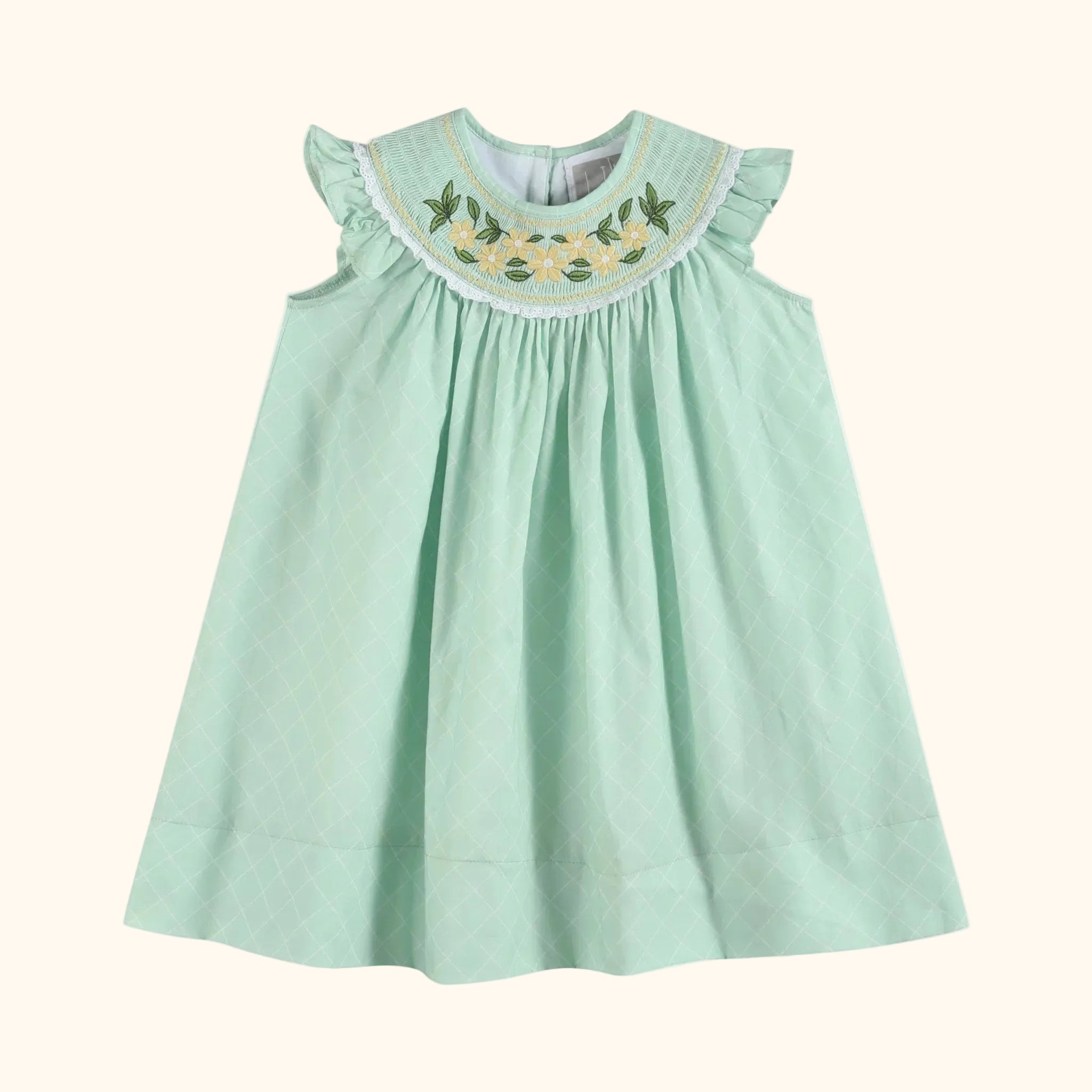 Aqua kids smocked bishop dress with embroidered yellow daisies and ruffle sleeves, front product view
