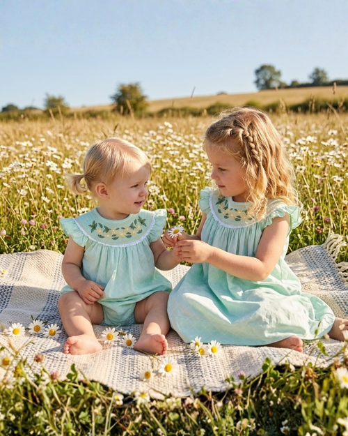 Aqua daisy smocked bishop dress with coordinating baby romper, outdoor lifestyle view