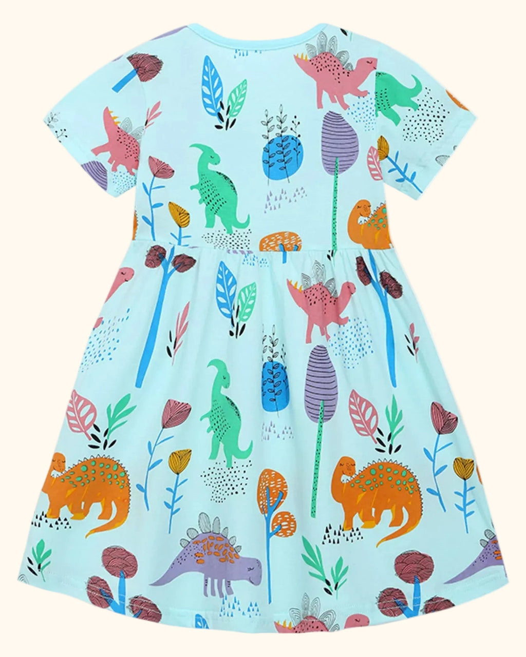 Aqua kids dinosaur botanical print dress with gathered skirt, back product view