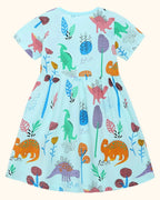 Aqua kids dinosaur botanical print dress with gathered skirt, back product view