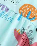 Aqua kids dinosaur print dress with gathered waist seam and colorful botanical artwork, close-up view