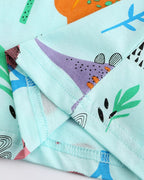 Aqua kids dinosaur print dress with finished sleeve and hem stitching, fabric detail view