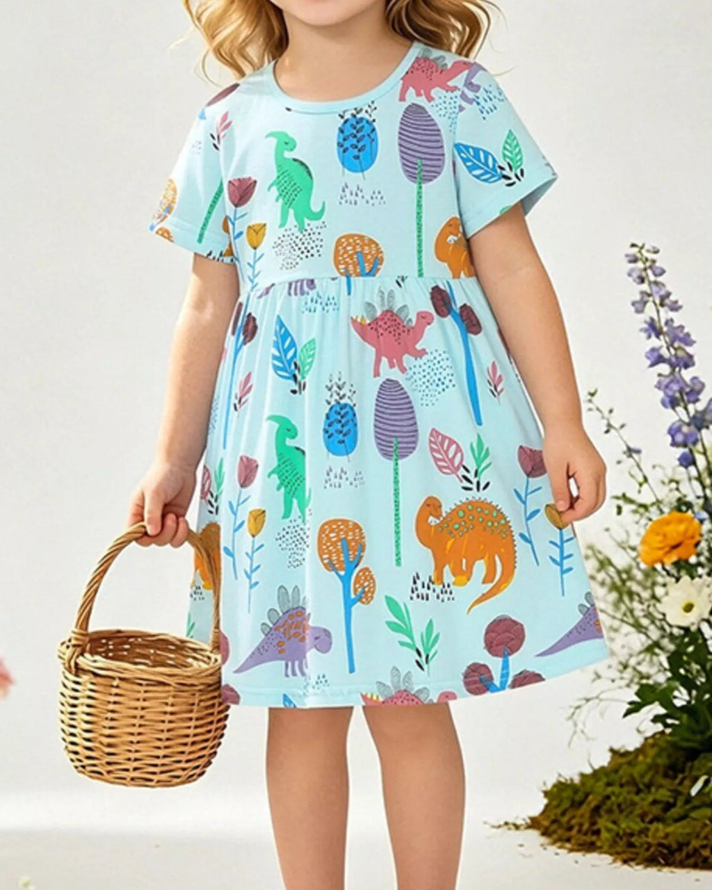 Aqua kids dinosaur botanical print dress worn by child, front lifestyle view