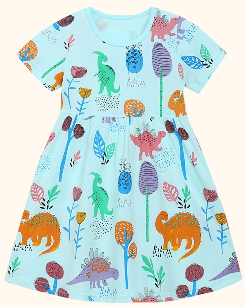 Aqua kids dinosaur botanical print dress with gathered skirt, front product view