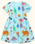 Aqua kids dinosaur botanical print dress with gathered skirt, front product view