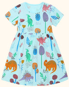 Aqua kids dinosaur botanical print dress with gathered skirt, front product view