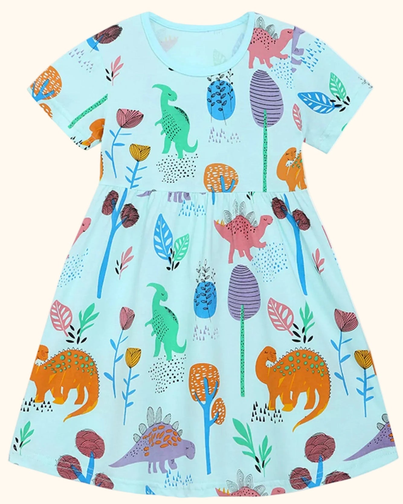 Aqua kids dinosaur botanical print dress with gathered skirt, front product view