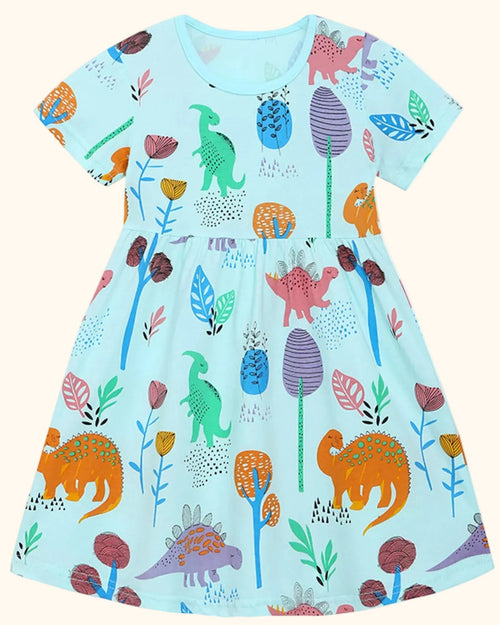 Aqua kids dinosaur botanical print dress with gathered skirt, front product view