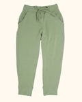 Army green kids jogger pants with drawstring waist and side pockets, front product view