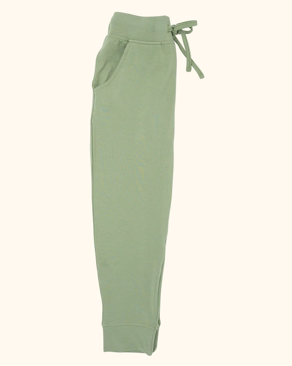 Army green kids jogger pants with side pocket and cuffed ankle, side product view