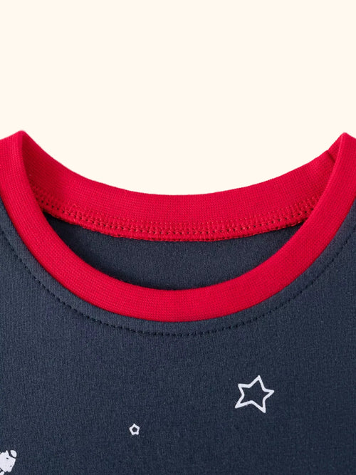 Dark gray kids astronaut tee with contrasting red crew neckline, close-up view