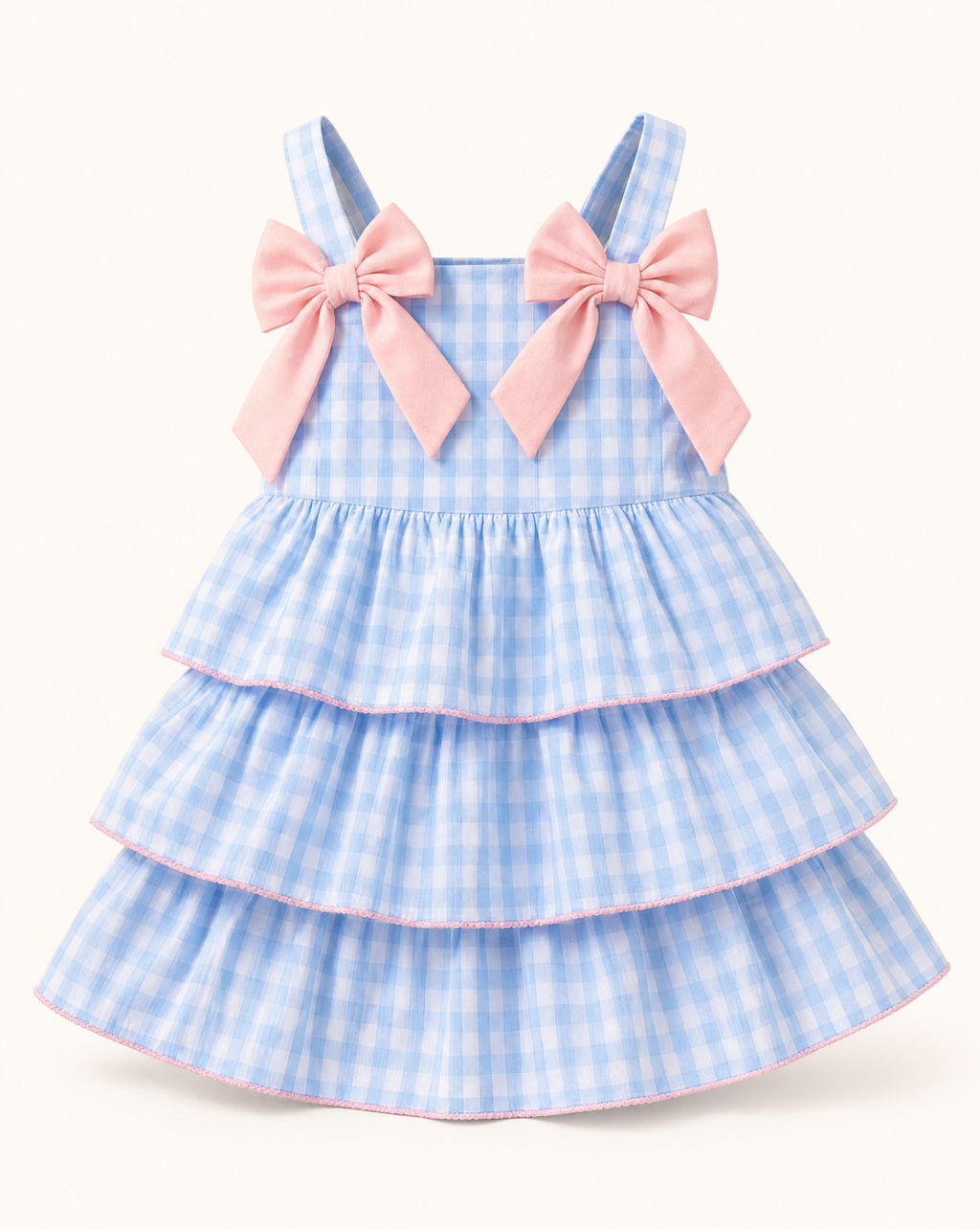 Baby Blue Gingham Layered Ruffle Bow Dress