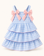 Baby Blue Gingham Layered Ruffle Bow Dress