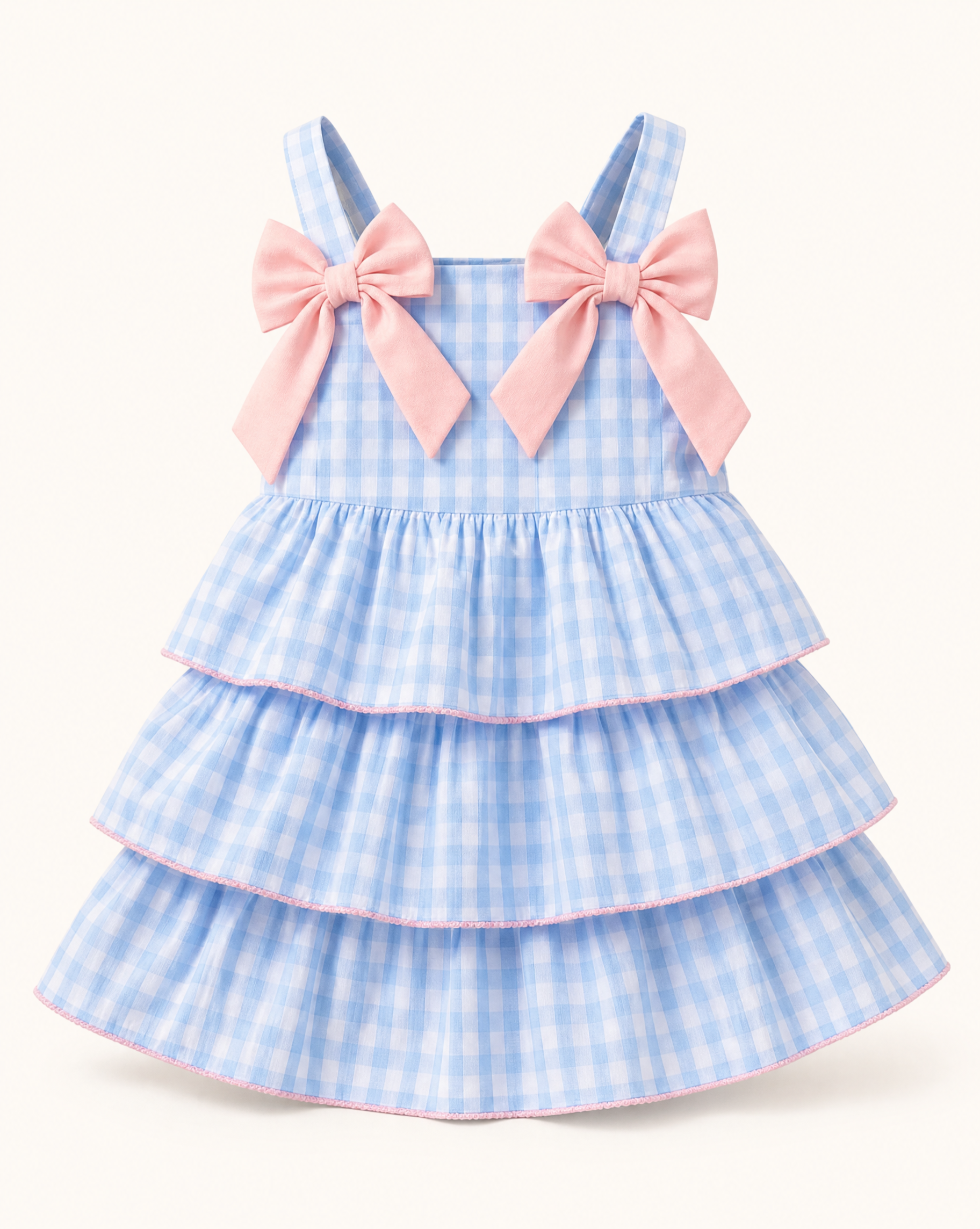 Baby Blue Gingham Layered Ruffle Bow Dress